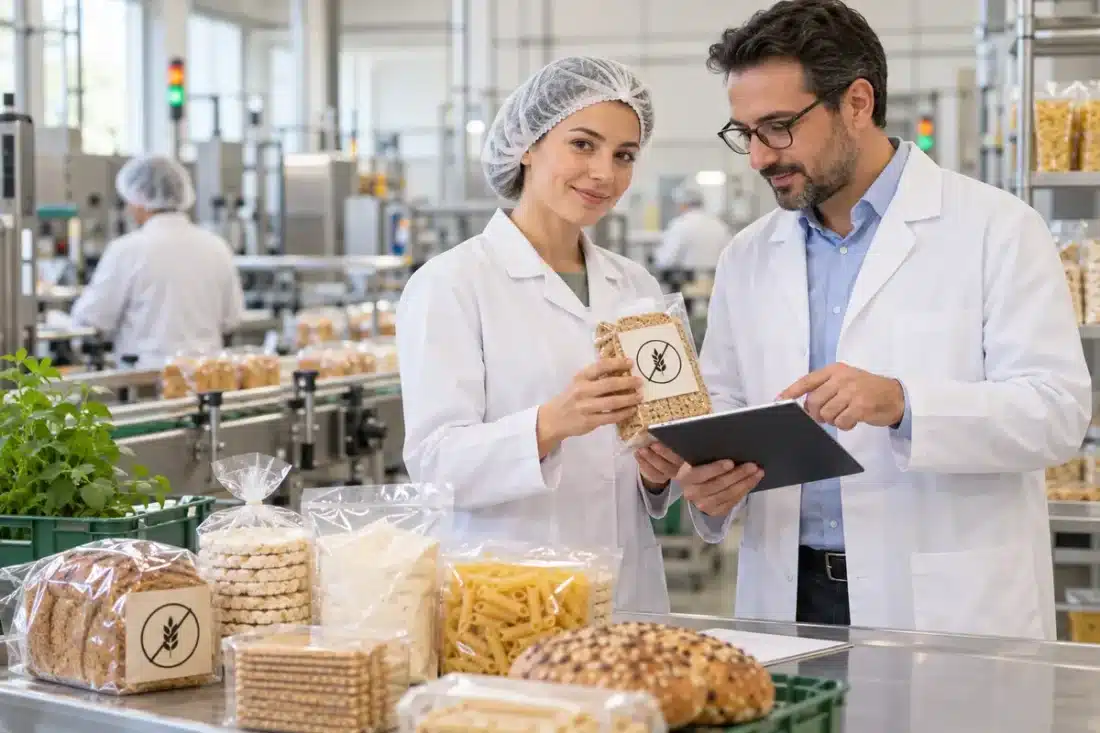 Glutensiz Beyanı İçin Güncel Yasal Durum: 2012/4 Kalktı, Şimdi Ne Geçerli? 2 Gıda üretim tesisinde glutensiz logolu ambalajları ve etiket bilgisini tablet üzerinden kontrol eden iki kalite uzmanı